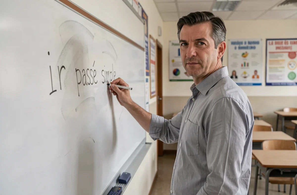 Professeur d'espagnol écrivant la conjugaison du verbe ir au passé simple sur un tableau blanc en salle de classe