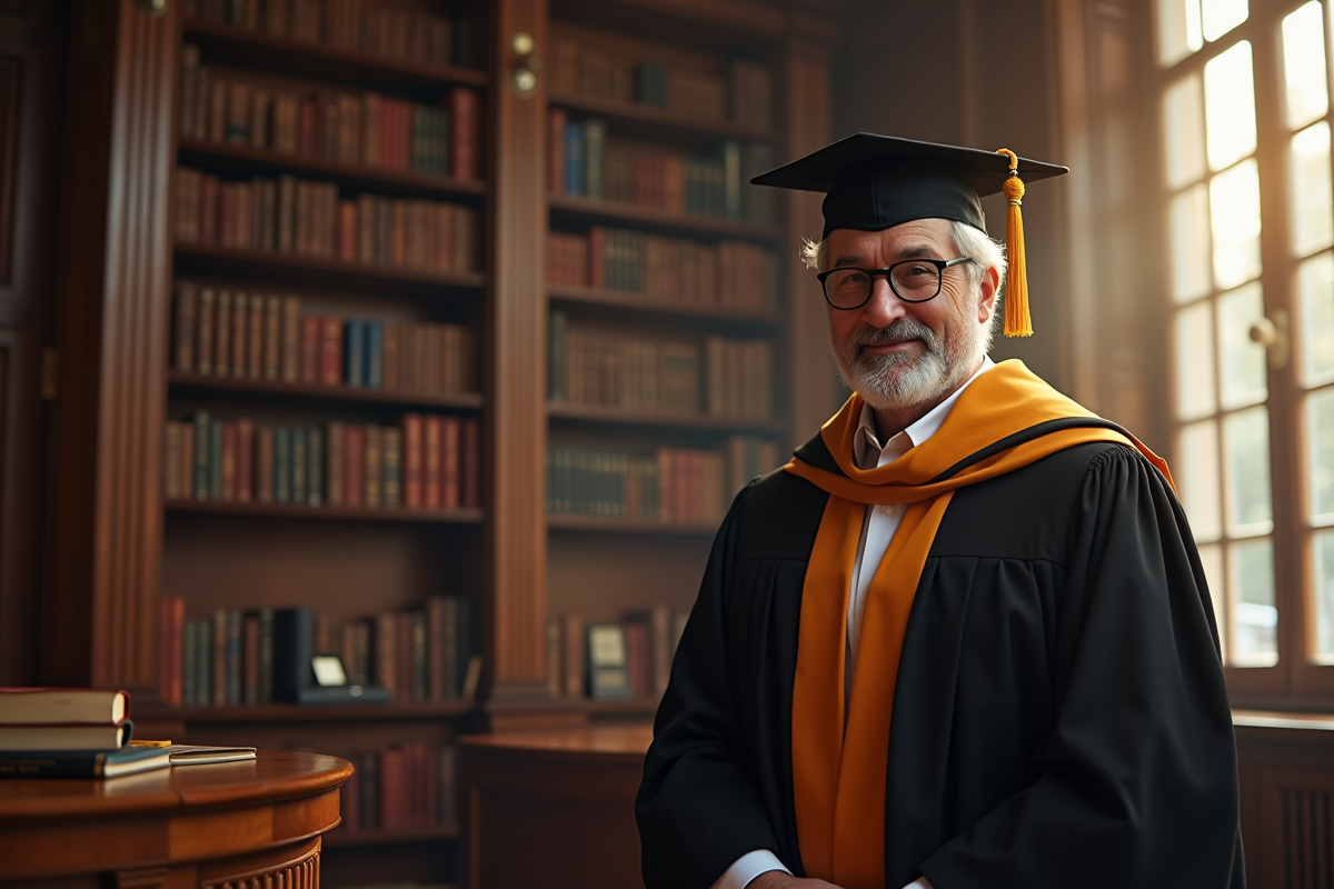 Professeur en robe dans une bibliothèque scientifique