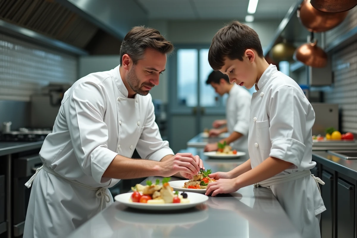 Professeur de lycée professionnel guidant un élève en cuisine lors d'un cours pratique de restauration
