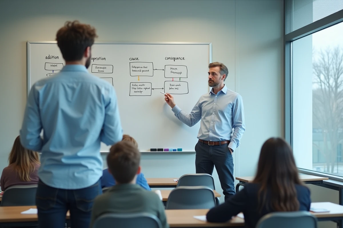 Professeur devant un tableau blanc présentant une liste organisée de connecteurs logiques par catégorie