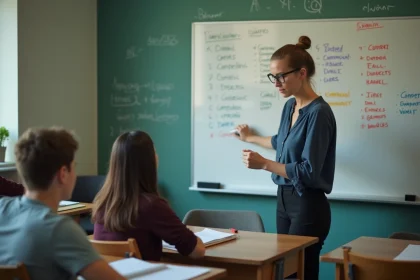Professeure d'allemand expliquant les déclinaisons au tableau blanc dans une salle de classe européenne