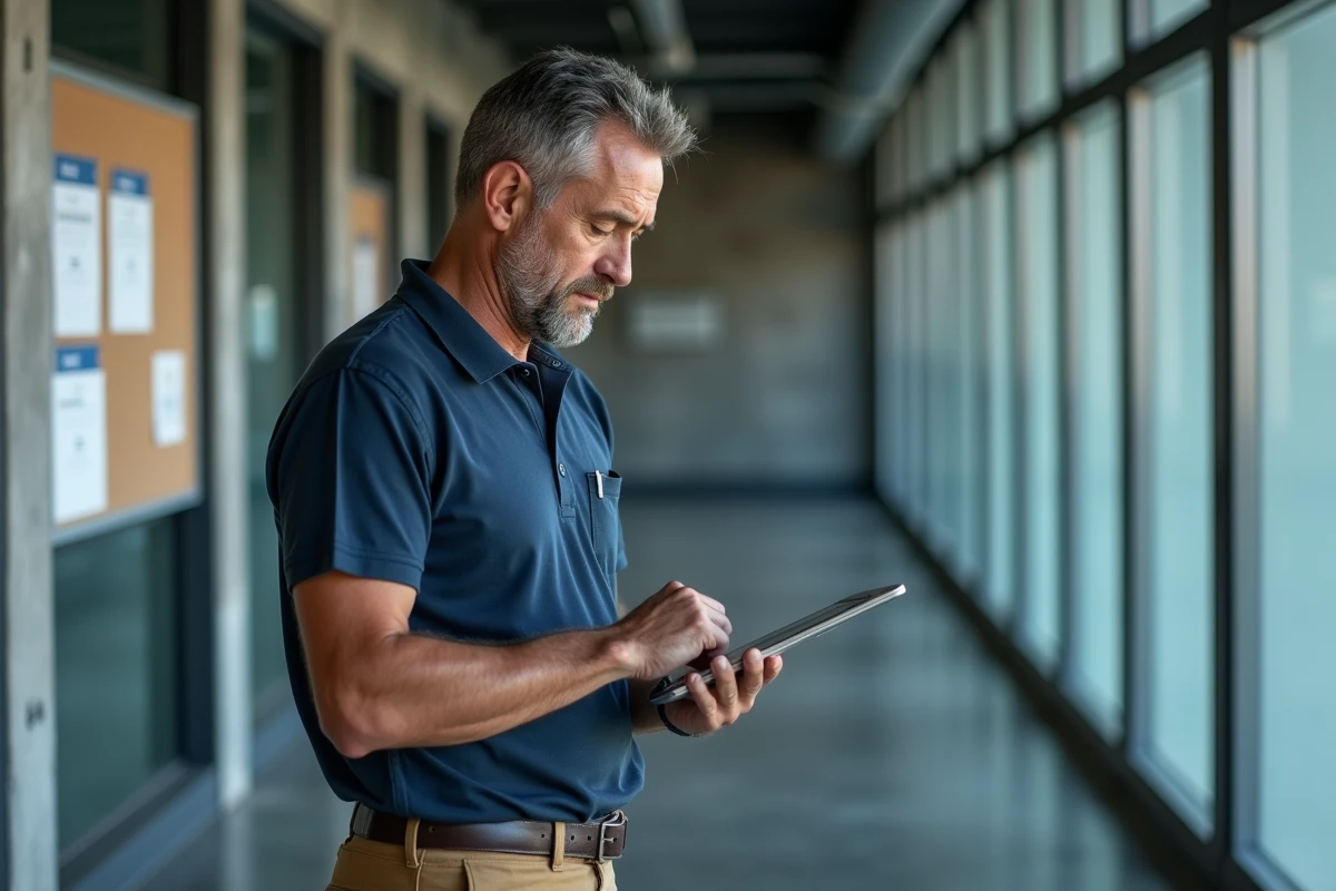 Professionnel du BTP consultant les tarifs d'une formation sur tablette dans un centre de formation