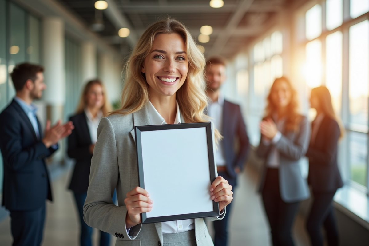 Professionnel confiant tenant un certificat dans un bureau lumineux