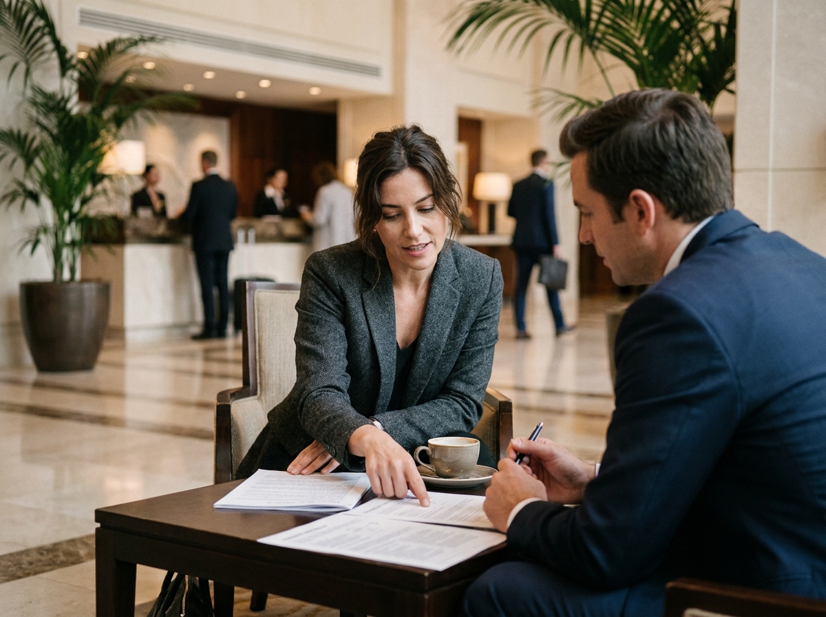 Professionnelle de l'hôtellerie en MBA discutant d'évolution de carrière dans un lobby d'hôtel