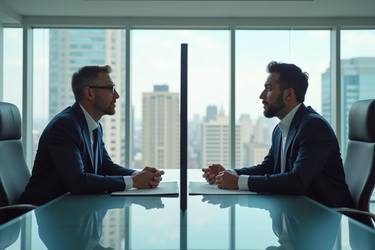 Deux professionnels séparés par une barrière insonorisée dans un bureau lumineux