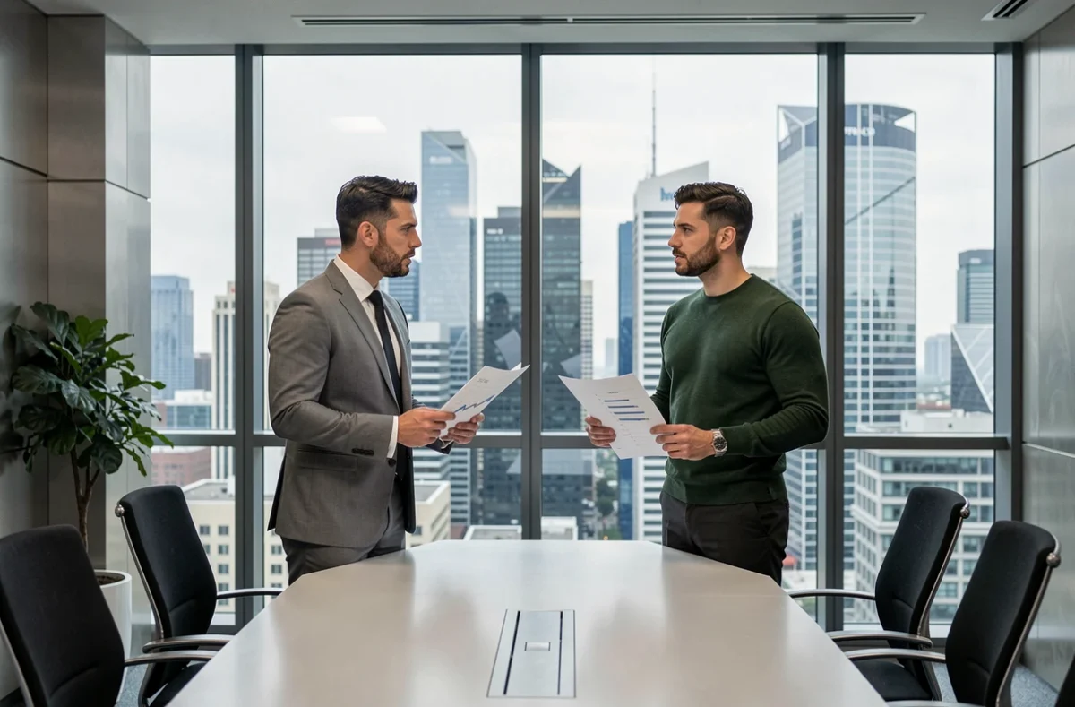 Deux professionnels de la finance discutant de stratégie dans une salle de réunion avec vue sur la ville
