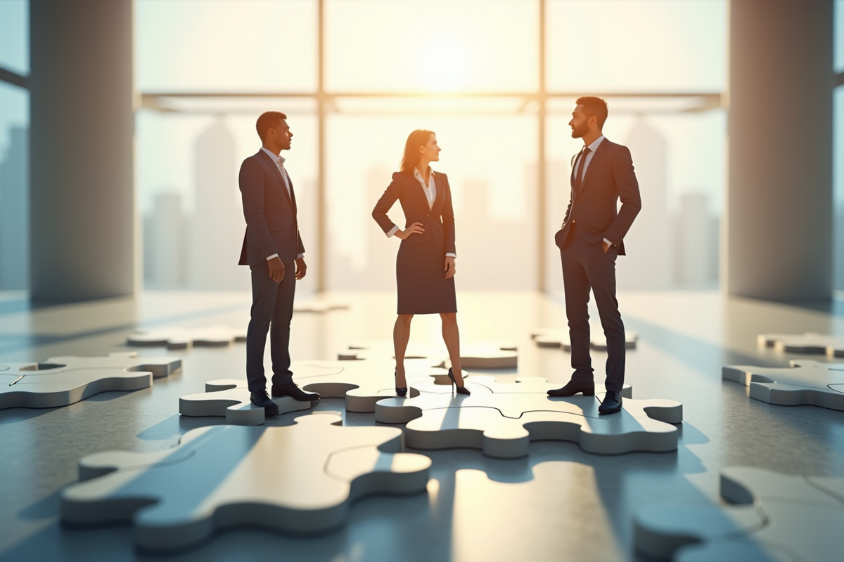 Trois professionnels divers sur puzzle symbolisant le travail d'équipe