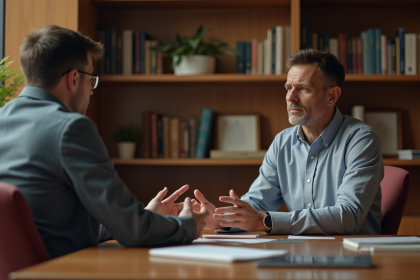 Psychologue en séance avec un jeune adulte dans un bureau chaleureux
