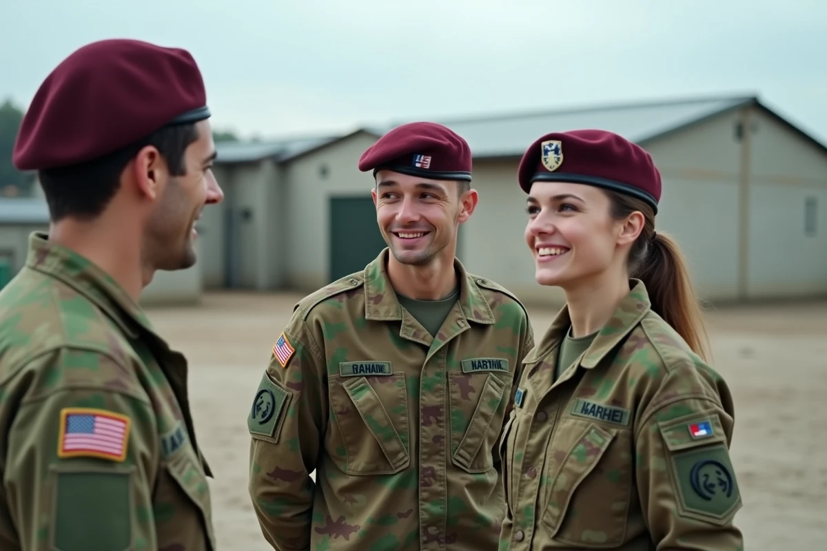 Groupe de recrues sous-officiers de l'armée de Terre en tenue camouflage devant un centre d'instruction militaire