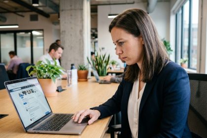 Recruteuse professionnelle analysant des profils de candidats sur les réseaux sociaux depuis son bureau en open space