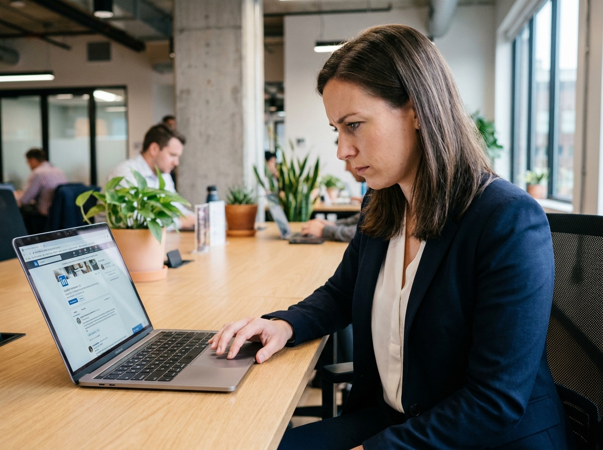 Recruteuse professionnelle analysant des profils de candidats sur les réseaux sociaux depuis son bureau en open space