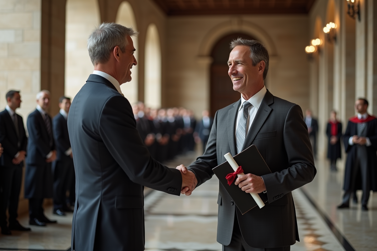 Homme et officiel universitaire se serrant la main dans un hall grandiose