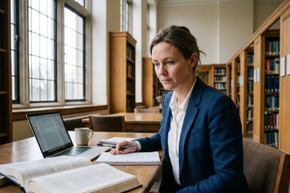 Femme cadre en reprise d'études MBA hôtellerie dans une bibliothèque universitaire