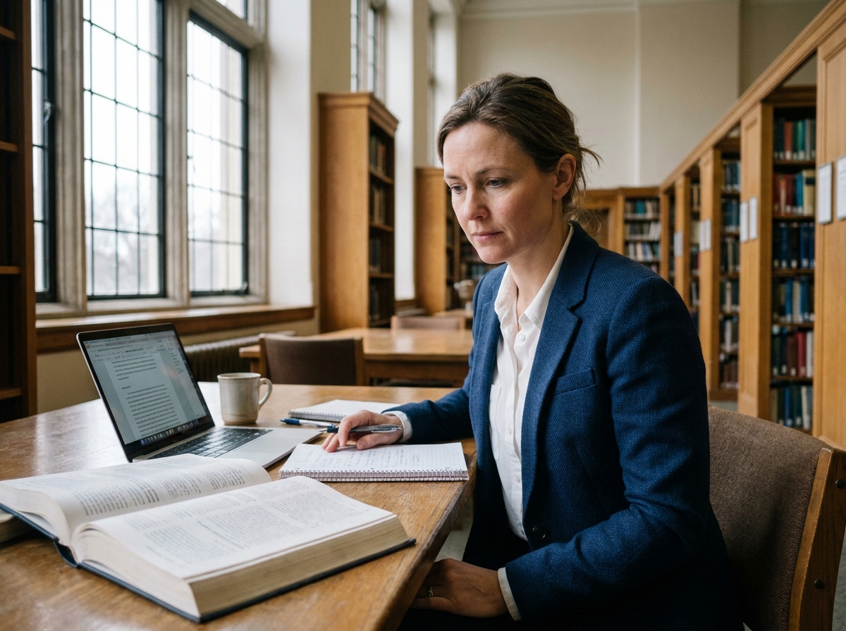Femme cadre en reprise d'études MBA hôtellerie dans une bibliothèque universitaire