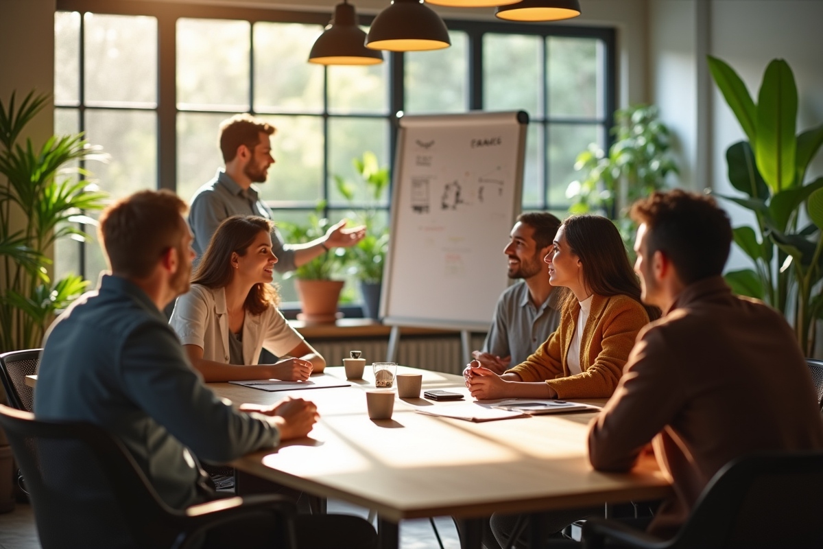 Groupe diversifié en réunion dans un espace de coworking ensoleille