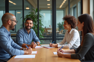 Quatre adultes en réunion dans un bureau moderne