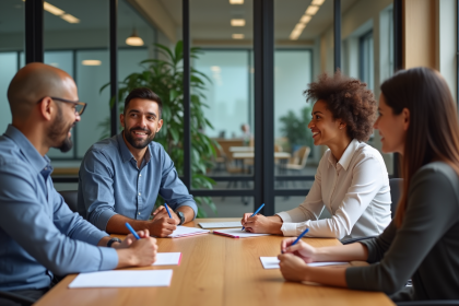 Quatre adultes en r&eacute;union dans un bureau moderne