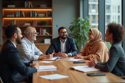 Groupe divers d'adultes en réunion de bureau moderne