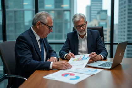 Homme et femme d'affaires analysant des rapports financiers