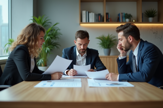 Trois adultes en réunion dans un bureau moderne