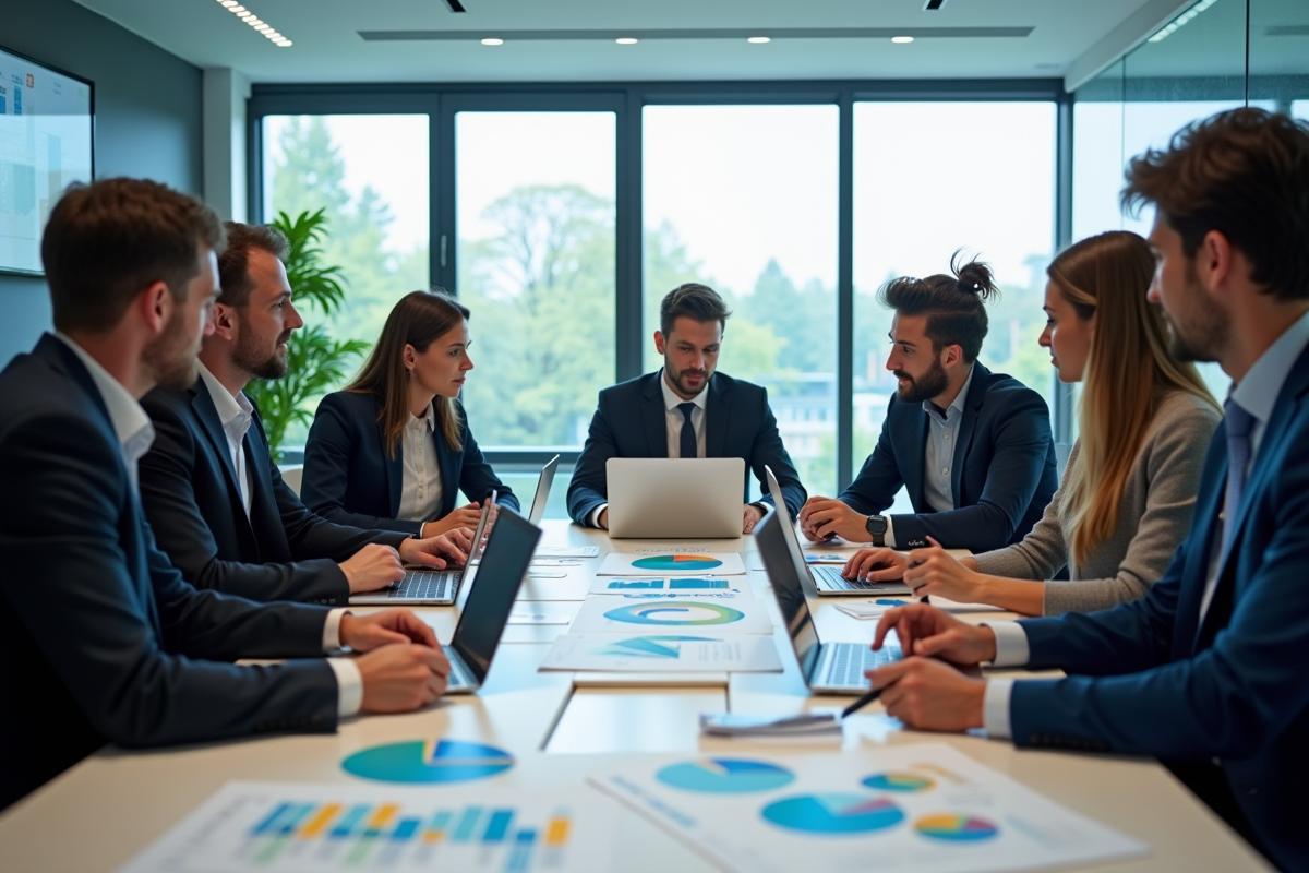 Groupe de professionnels autour d'une table analysant des graphiques colorés