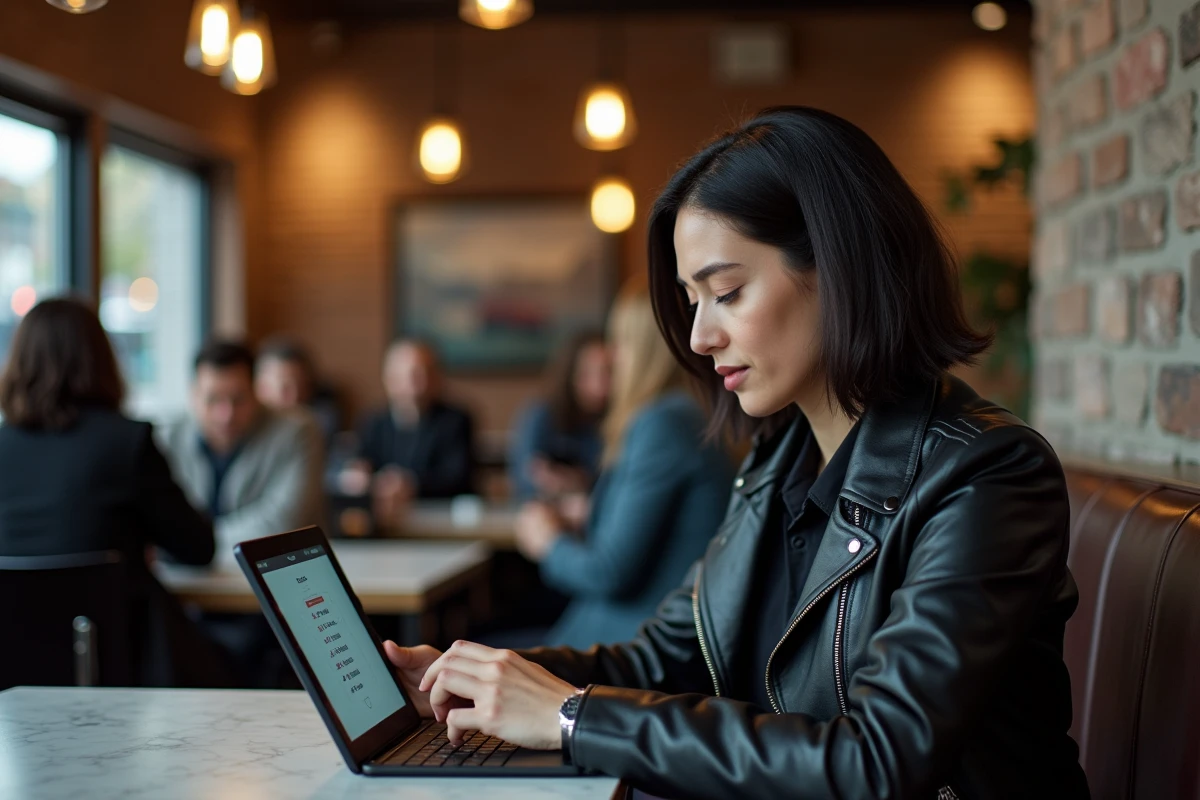 Femme en veste de moto révisant les questions pièges de l'ETM sur une tablette dans un café