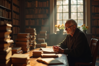 Savant âgé dans une bibliothèque ancienne lumineuse