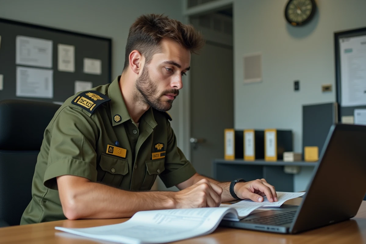 Sergent de l'armée de Terre consultant une fiche de paie dans un bureau administratif militaire