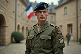 Sous-officier de l'armée de Terre française en uniforme de combat dans une cour de caserne