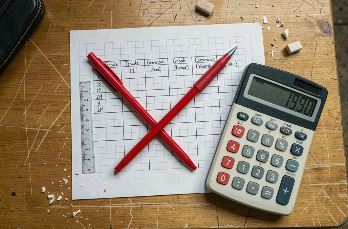 Vue aérienne d'un tableau de conversion de notes manuscrit sur papier quadrillé avec calculatrice et stylo rouge sur un bureau scolaire
