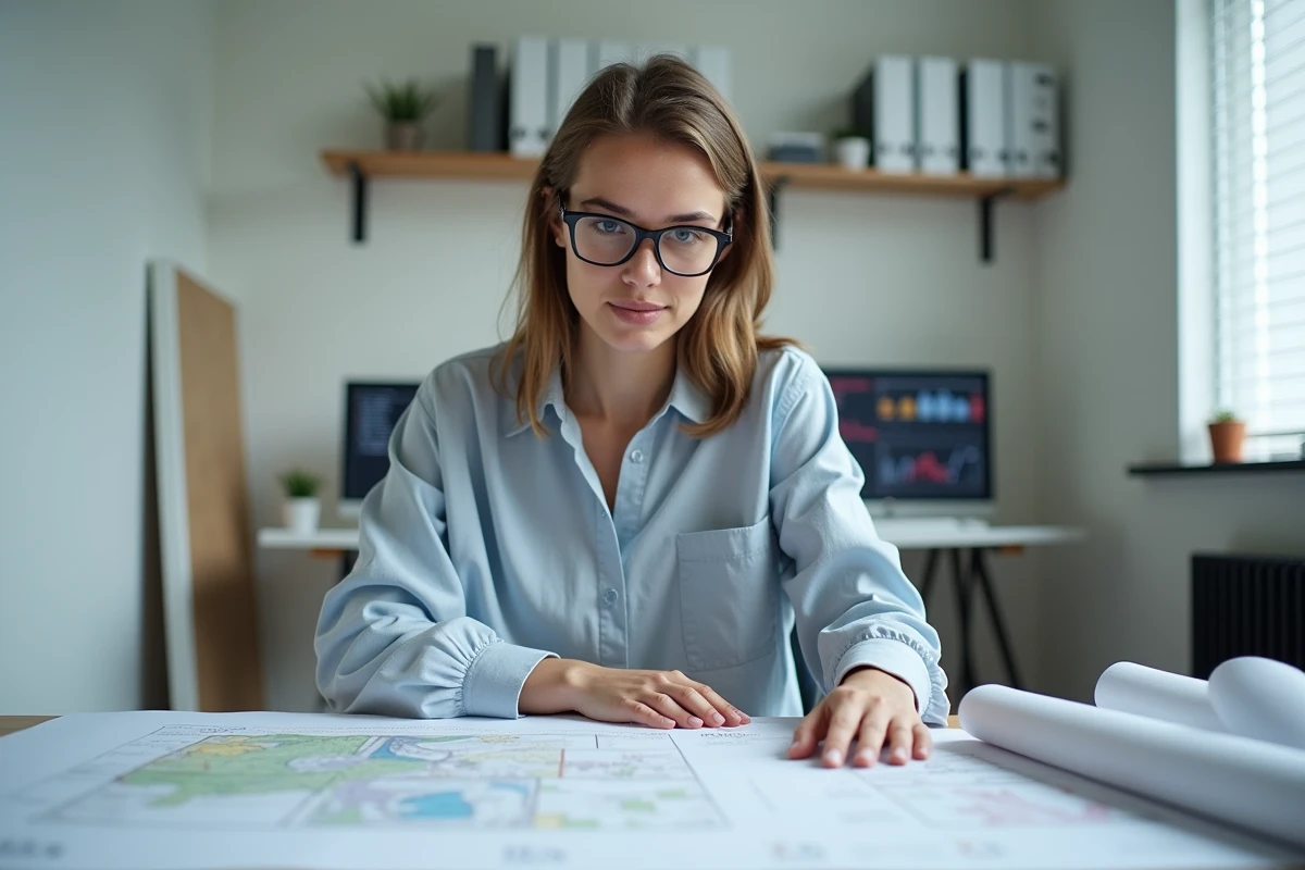 Jeune technicienne géomatique analysant des cartes au bureau