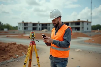 Topographe en plein travail sur un site rural avec GPS