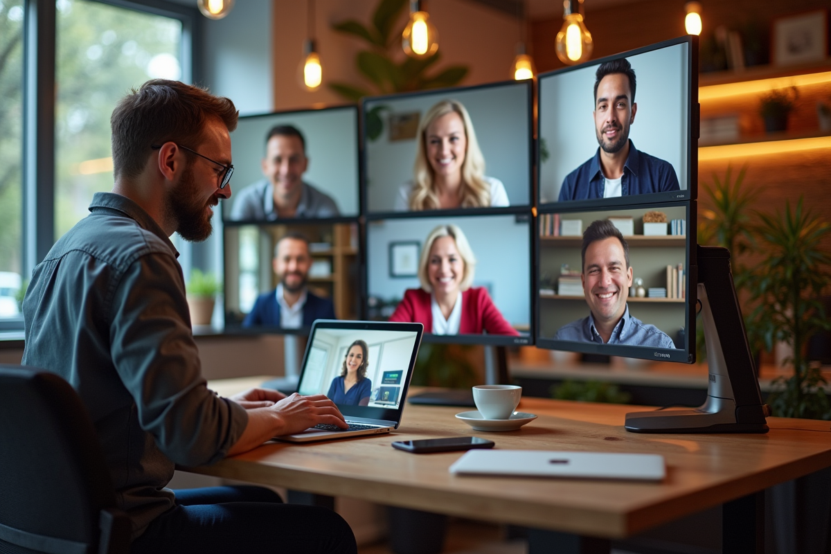 Travailleurs à distance en visioconference dans différents espaces