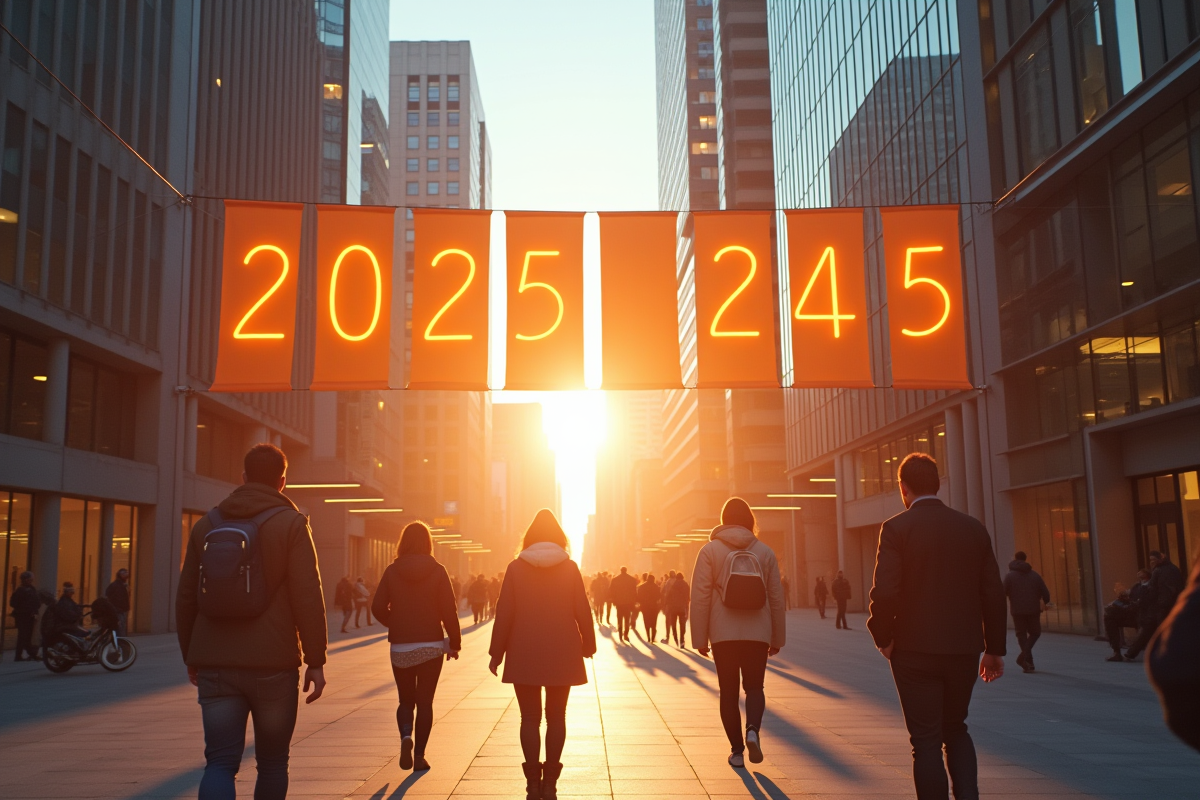Ville au lever du soleil avec banners 2025 et personnes connectees