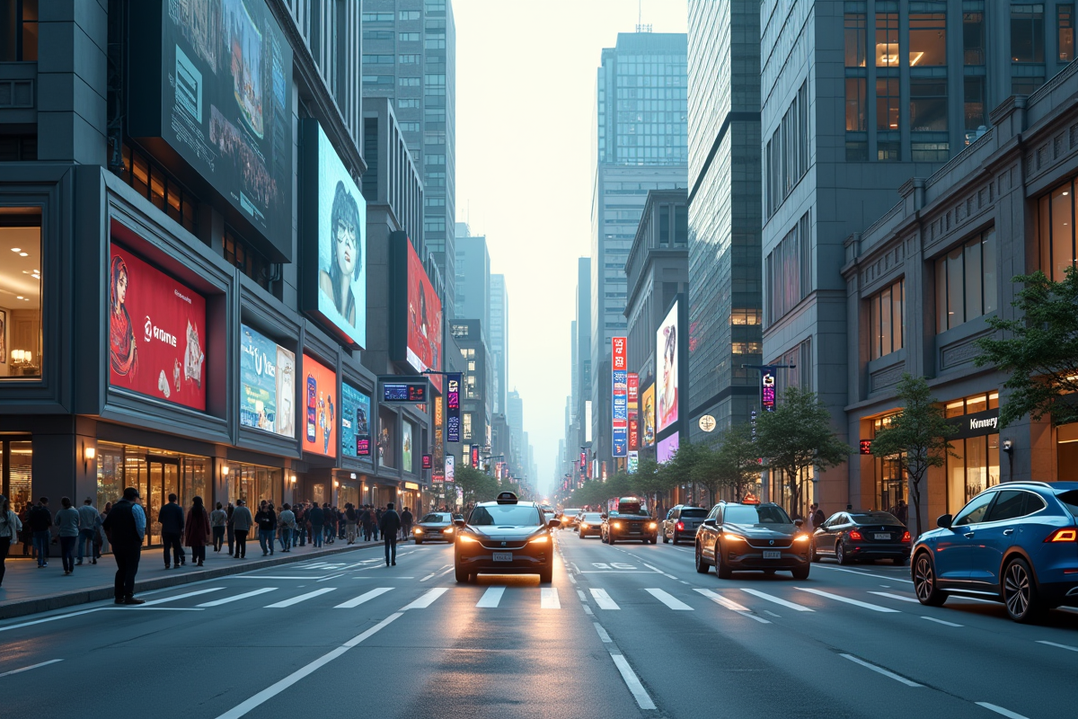 Rue urbaine en 2025 avec véhicules électriques et technologies portables